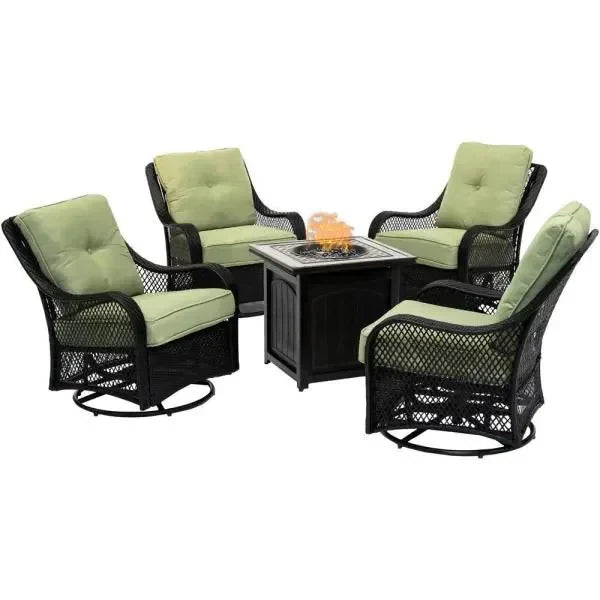 5-Piece Steel Patio Fire Pit Conversation Set with Navy Blue Cushions, Swivel Gliders and Square Fire Pit Table
