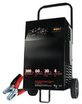 Electric Wheeled Battery Charger and Engine Starter, 2-in-1, manual timer control, 300 crank amps, 6 volts, 12 volts, for