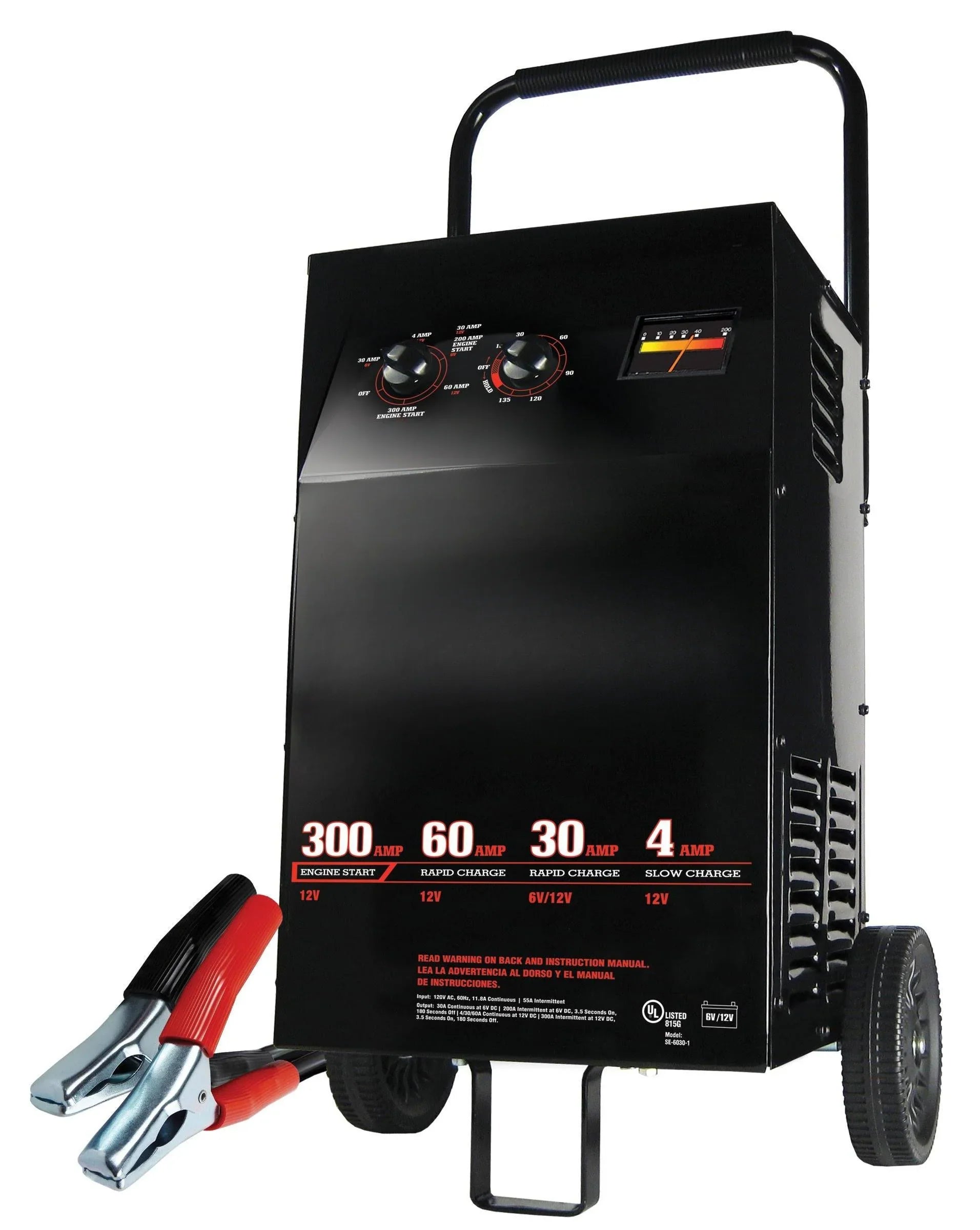 Electric Wheeled Battery Charger and Engine Starter, 2-in-1, manual timer control, 300 crank amps, 6 volts, 12 volts, for