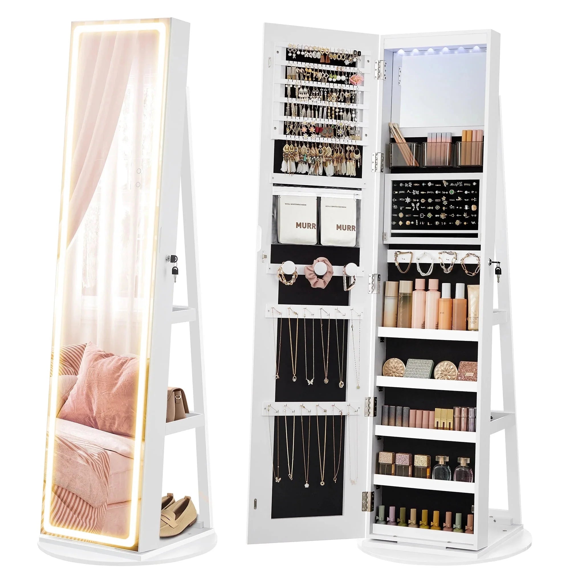 SONGMICS LED Mirror Jewelry Cabinet Standing Jewelry Armoire Organizer Box with Full-Length Mirror and Adjustable LED Lights