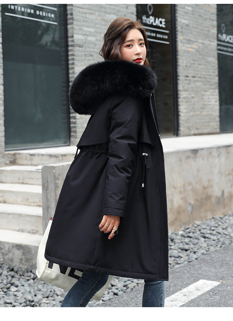 Women's Winter Parka Coat Mid-Length Black Puffer Jacket with Large Faux Fur Hood