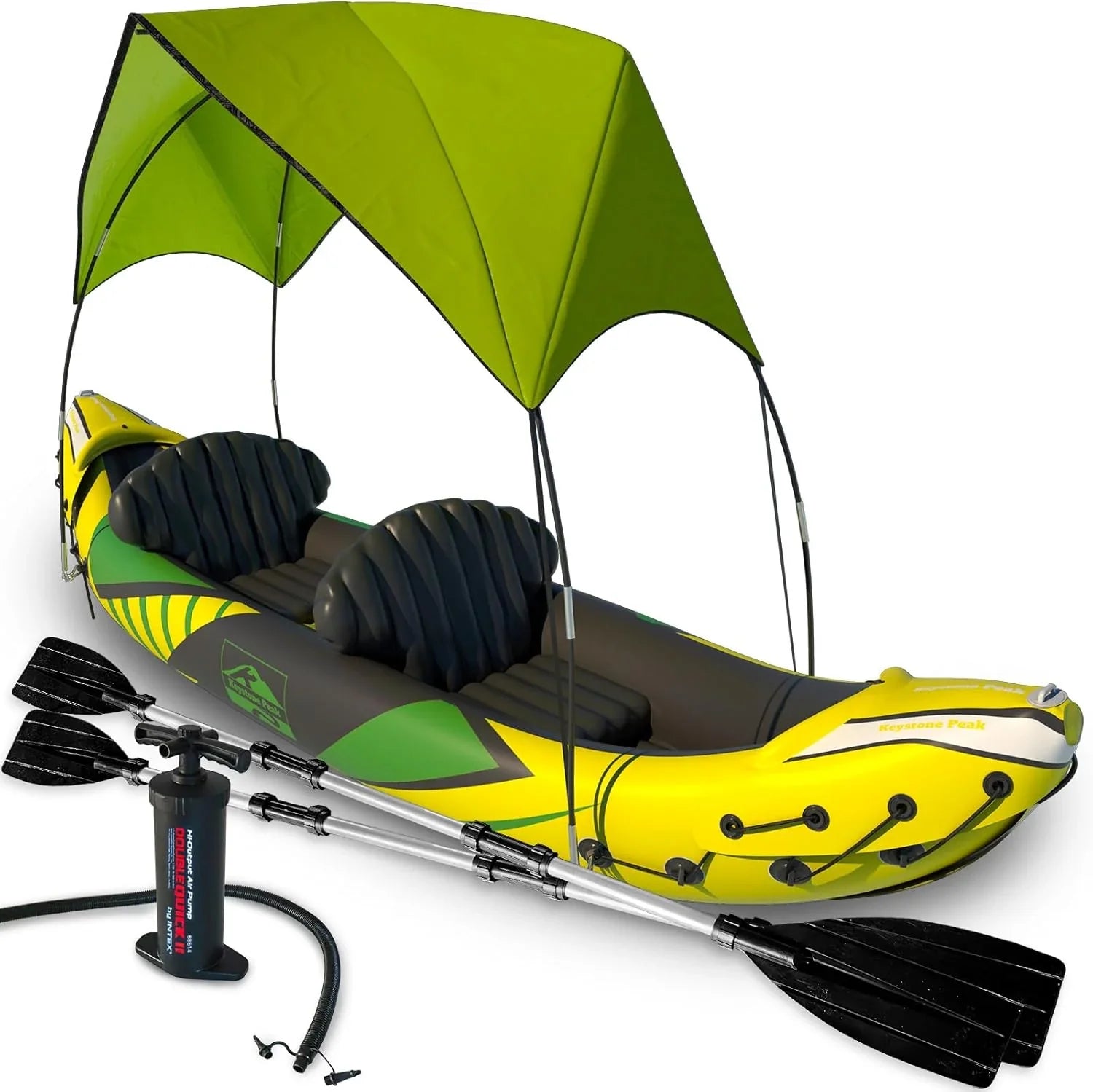 Inflatable Kayak 2 Person with Sun Canopy (Detachable) Kayaks for Adults 3rd Seat for Dog/Child Waterproof Phone Bags