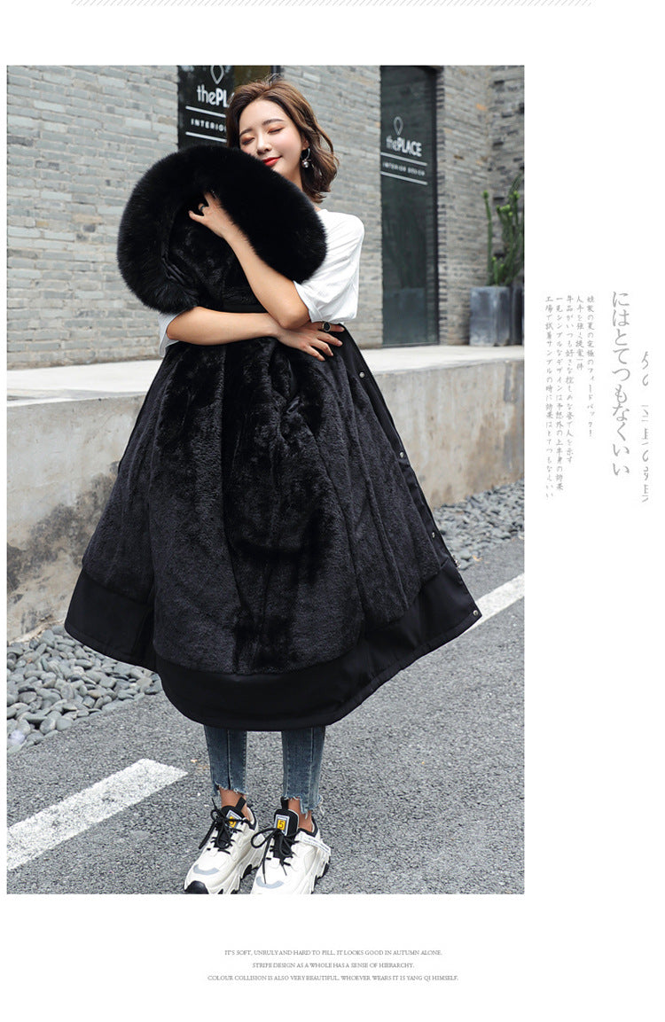 Women's Winter Parka Coat Mid-Length Black Puffer Jacket with Large Faux Fur Hood