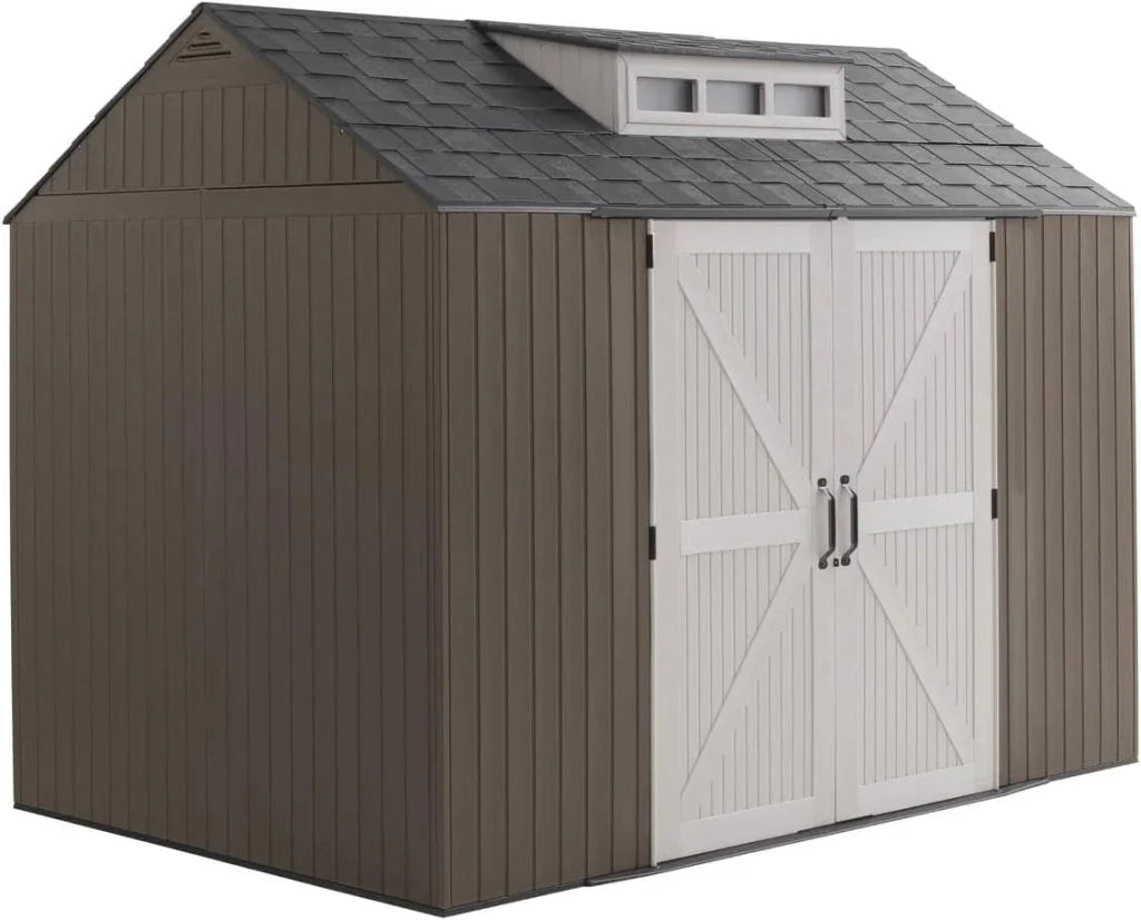 Rubbermaid Resin Outdoor Storage Shed With Floor (7 x 7 Ft) Weather Resistant Gray Organization for Home/Backyard/Garden