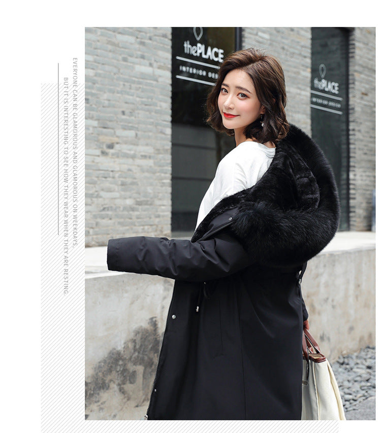 Women's Winter Parka Coat Mid-Length Black Puffer Jacket with Large Faux Fur Hood