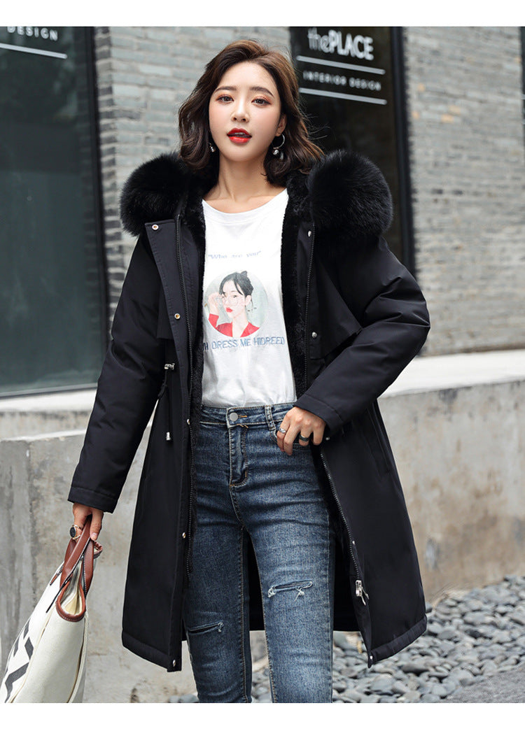 Women's Winter Parka Coat Mid-Length Black Puffer Jacket with Large Faux Fur Hood