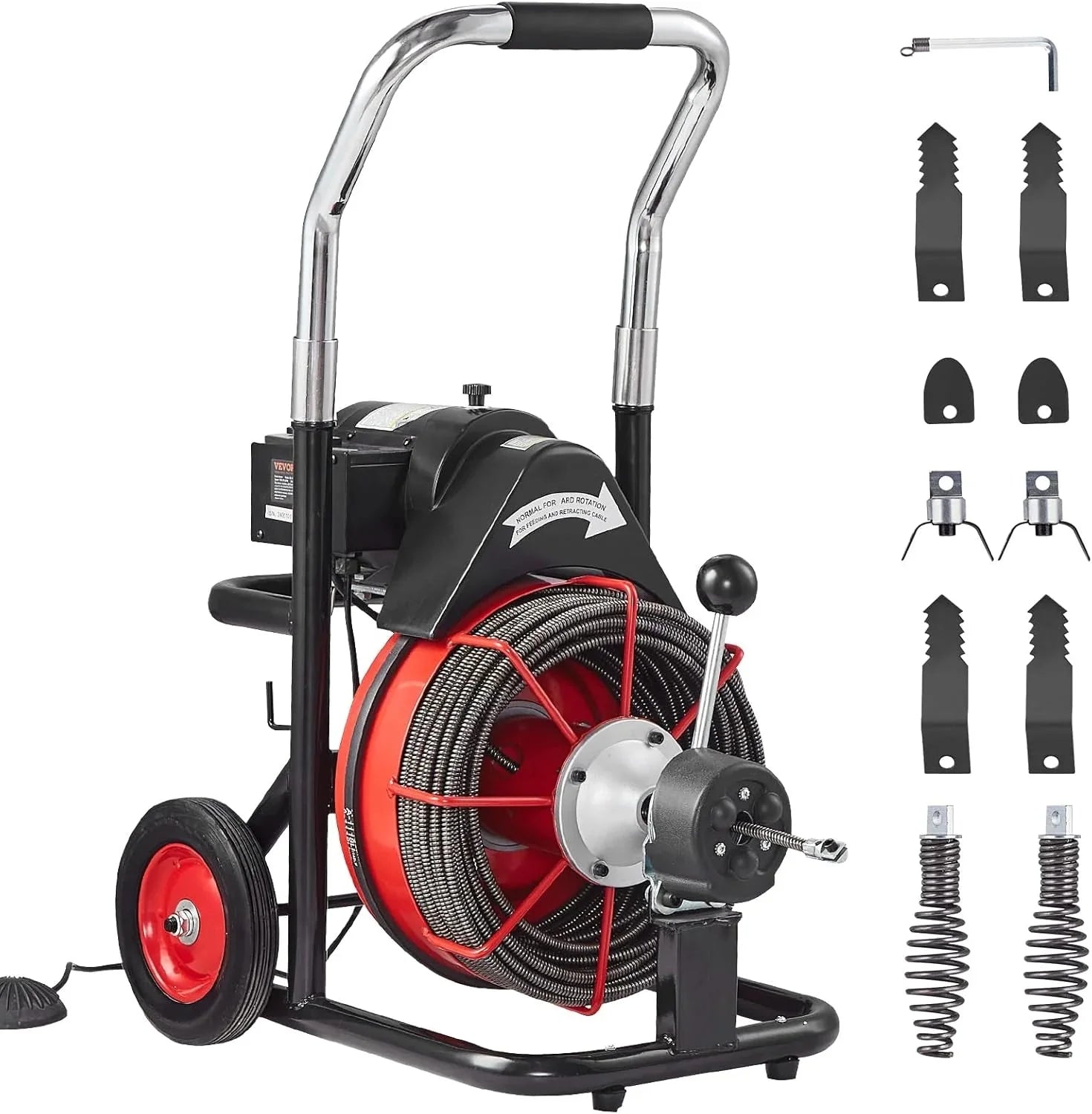 Drain Cleaner Machine 100FT x 1/2 Inch, Auto Feed Sewer Snake Auger on Wheels, 550W Portable Drain Cleaning Machine with 8