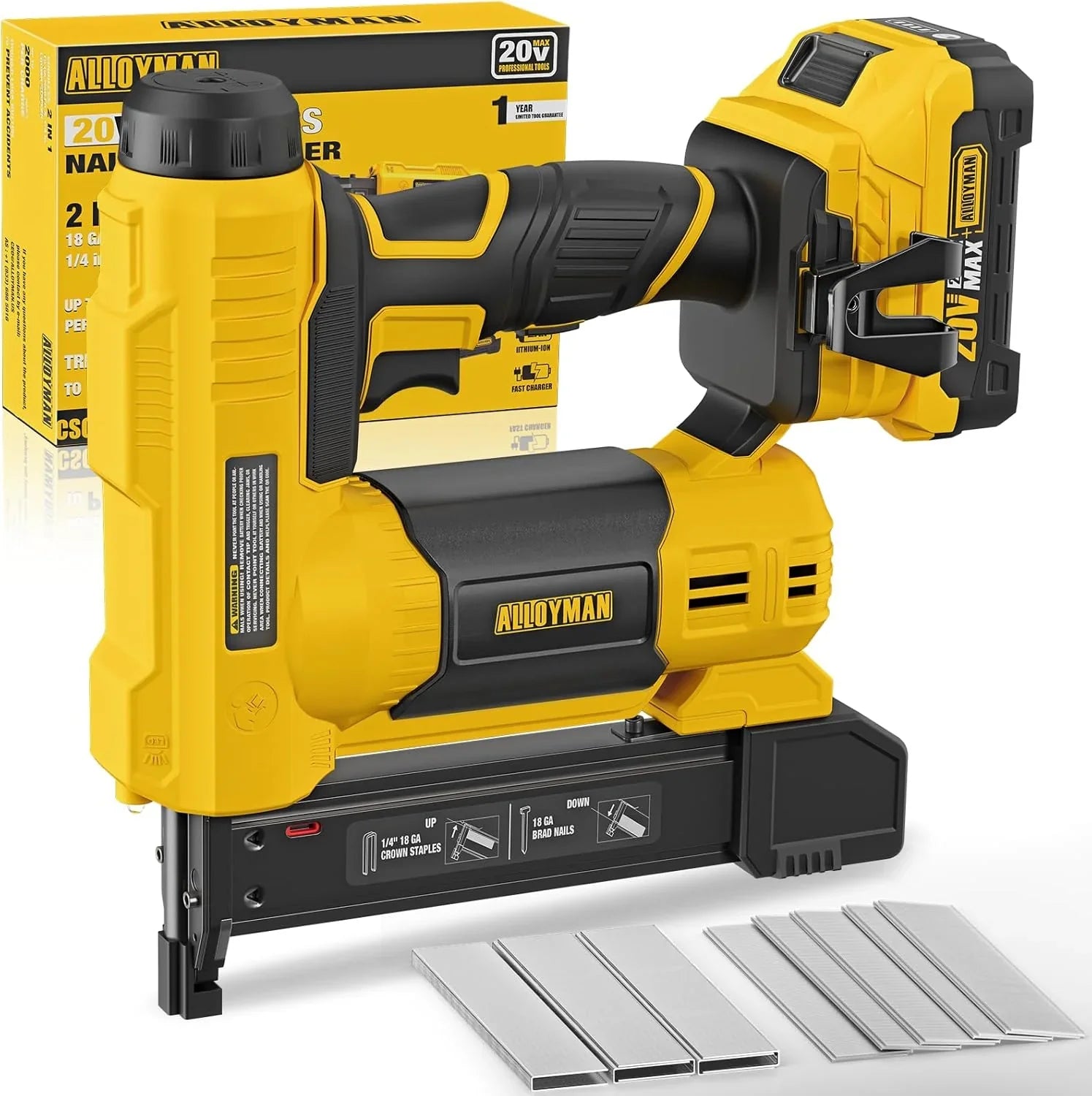 Alloyman 18 Gauge Nail Gun Battery Powered, 2 in 1 Cordless Brad Nailer/Electric Stapler with 2.0Ah Battery and