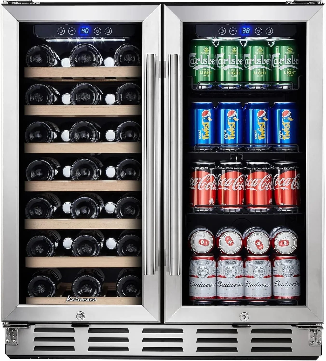 24 inch Wine Cooler, 46 Bottle - Dual Zone Built-in or Freestanding Fridge with Stainless Steel Reversible Glass Door, for