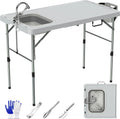Foldable Fish Cleaning Table, Portable Camping Table with Sink, Measuring Marks, Faucet & Spray Gun for Camping, Garden