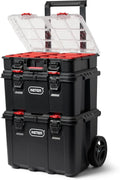 Keter Stack-n-Roll Modular Tools Organizer for Garage Storage and DIY, 3 Piece Resin Rolling Tool Box System for Small Parts