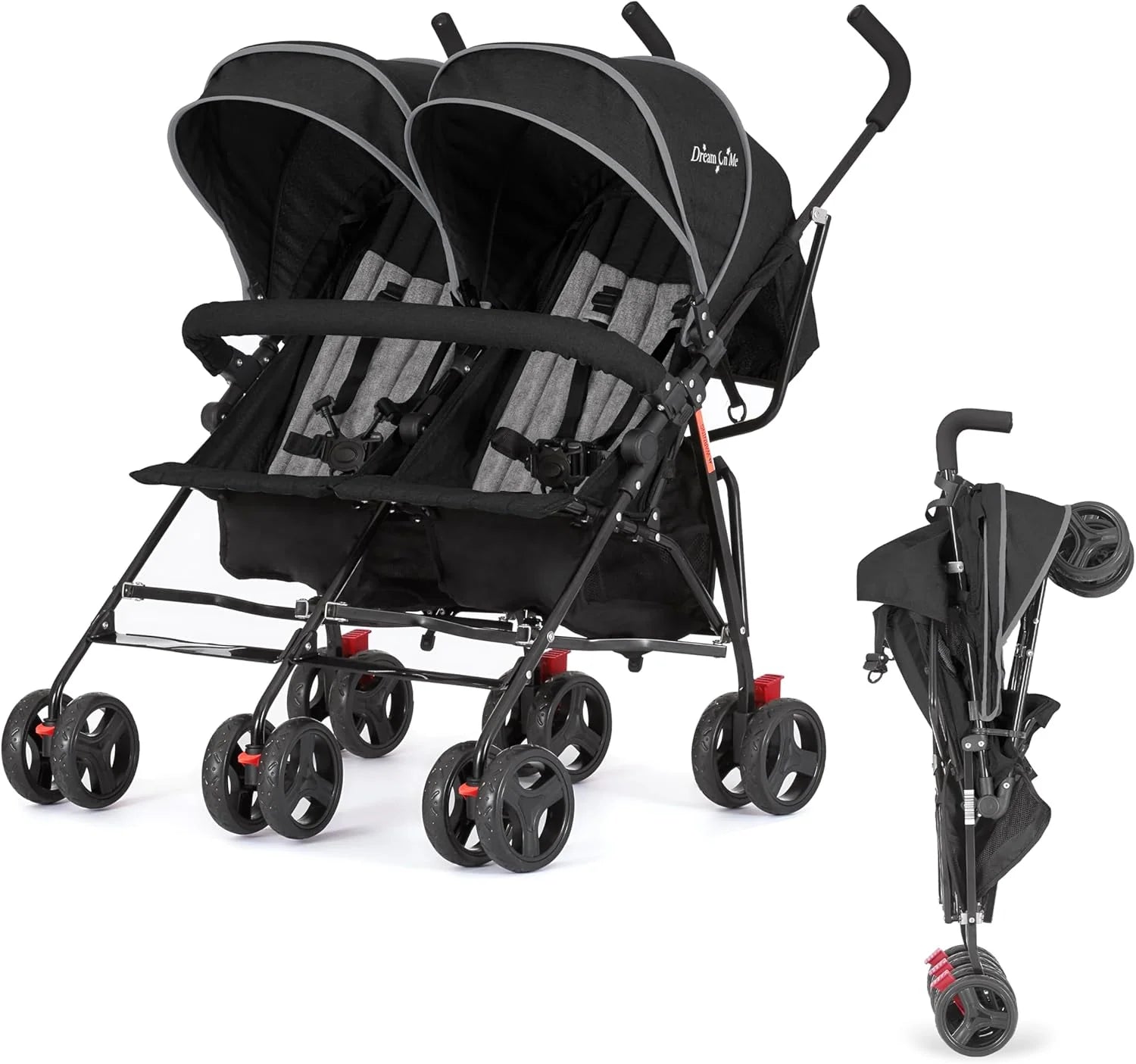 Twin Umbrella Stroller in Black, Lightweight Double Stroller for Infant & Toddler, Compact Easy Fold, Large Storage Basket
