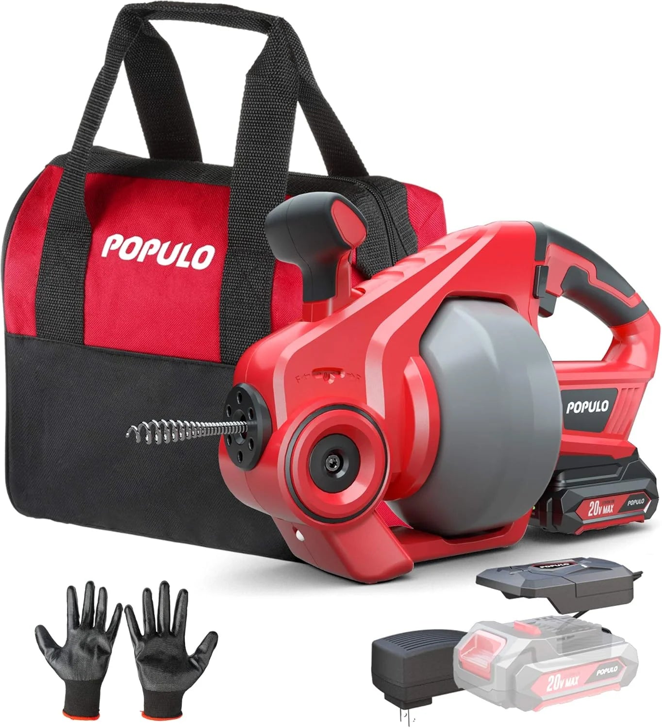 POPULO 20V Cordless Electric Drain Auger-Efficient 25Ft Auto-Feed Drain Snake with Replaceable Cable,2.0Ah