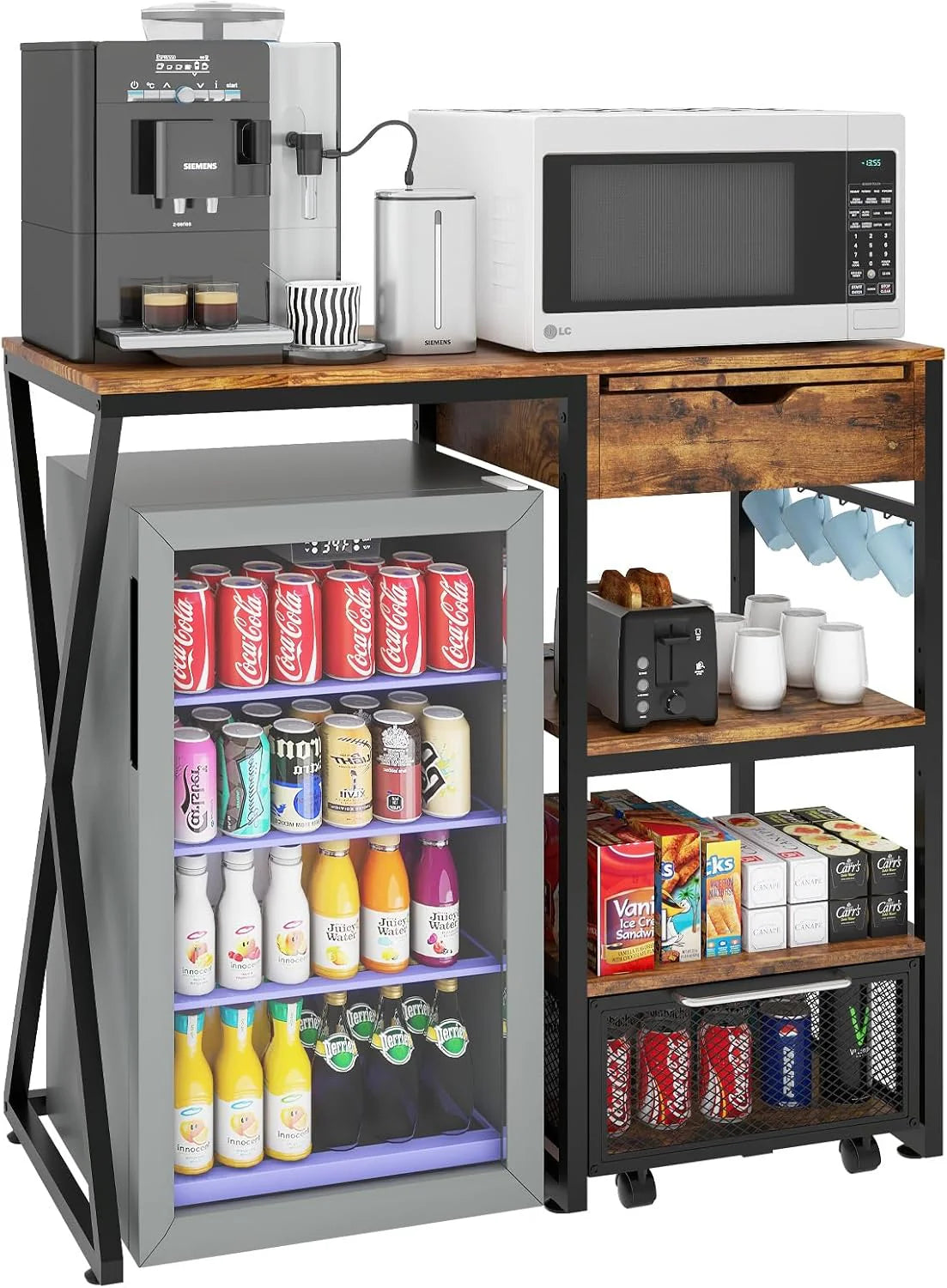 Coffee Bar Cabinet with Mini Fridge Space, Wine Storage, Power Outlet, Microwave Shelf, Workstation