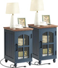Set of 2 White Narrow Side Tables with Charging Station & Glass Storage