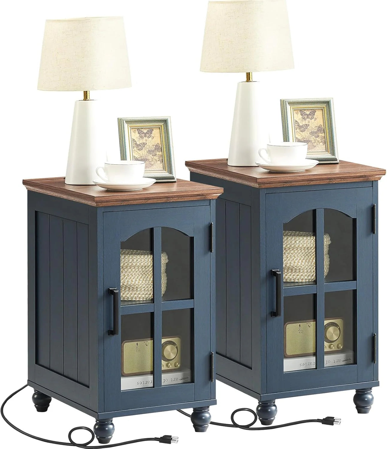 Set of 2 White Narrow Side Tables with Charging Station & Glass Storage