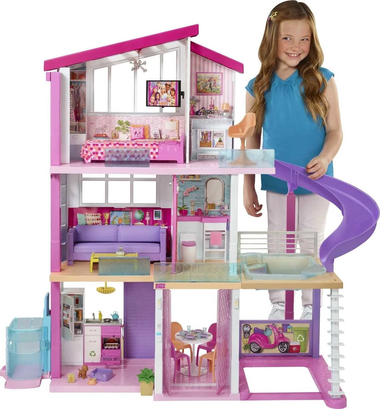 Barbie DreamHouse Dollhouse with Elevator, Pool, Lights & 70 Accessories 3-Story Playset