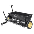 Broadcast seeder, 100-pound tractor-mounted rear polyethylene seeder with 10-inch wheels, equipped with a steel spike weeder