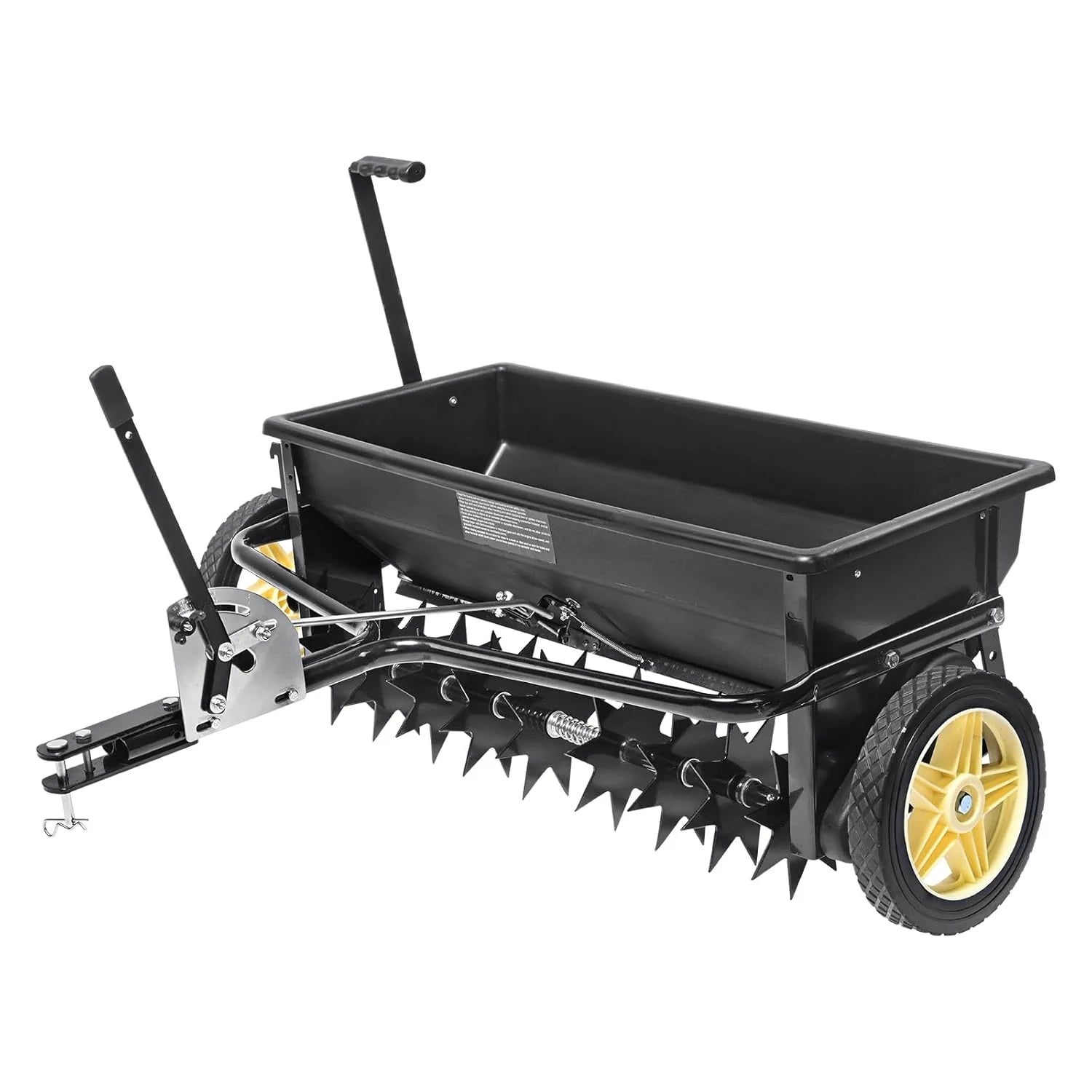 Broadcast seeder, 100-pound tractor-mounted rear polyethylene seeder with 10-inch wheels, equipped with a steel spike weeder