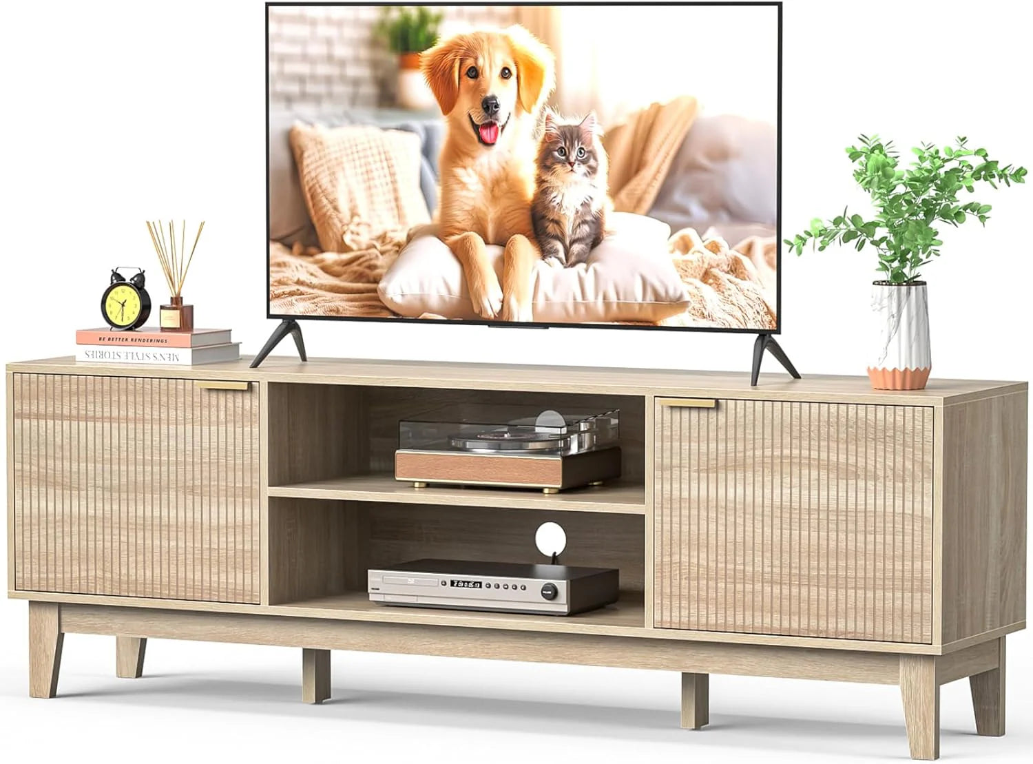 70" TV Stand for Living Room, Fluted Mid-Century Modern TV Console for TVs up to 80 inch, Farmhouse Entertainment Center with