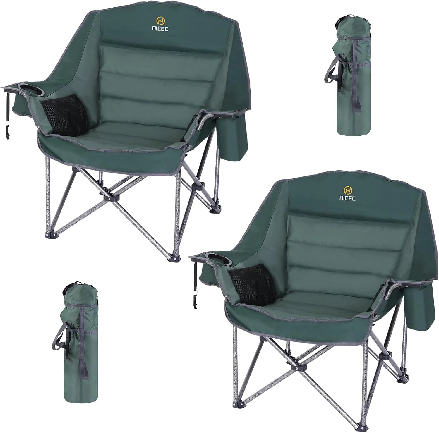 Oversized XL C-Camp Chair, 400lbs Capacity, Cushion, Cup Holder & Cooler Bag (Green, 2-Pack)