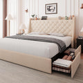 Oversized Storage Bed Frame with Drawers, Charging Station & Wingback Tufted Headboard, No Box Spring Needed, Easy Assembly