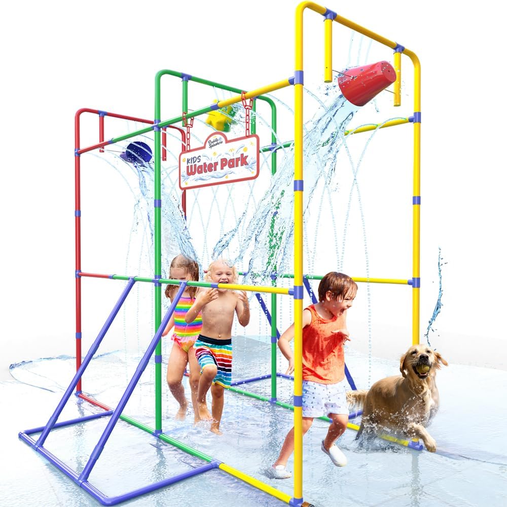 Backyard Waterpark Sprinkler Water Toy for Kids, Fun Outdoor Water Play with Dump Buckets and Splash Wheel Water Toys for