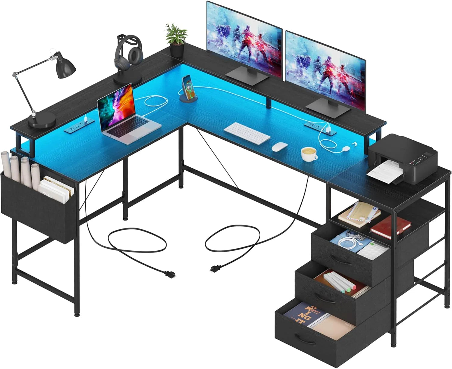 3 Drawers L Shaped Desk 63 Inch, 2 Power Strips (6 AC) and LED, Large Gaming Desk & 2 Monitor Stands, L Shape Computer Desk
