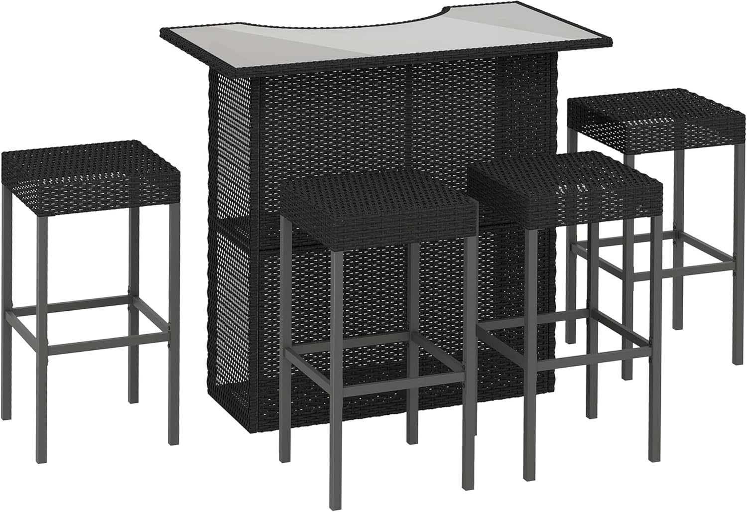 5-Piece Gray PE Rattan Outdoor Bar Set with Glass Table & 4 Stools