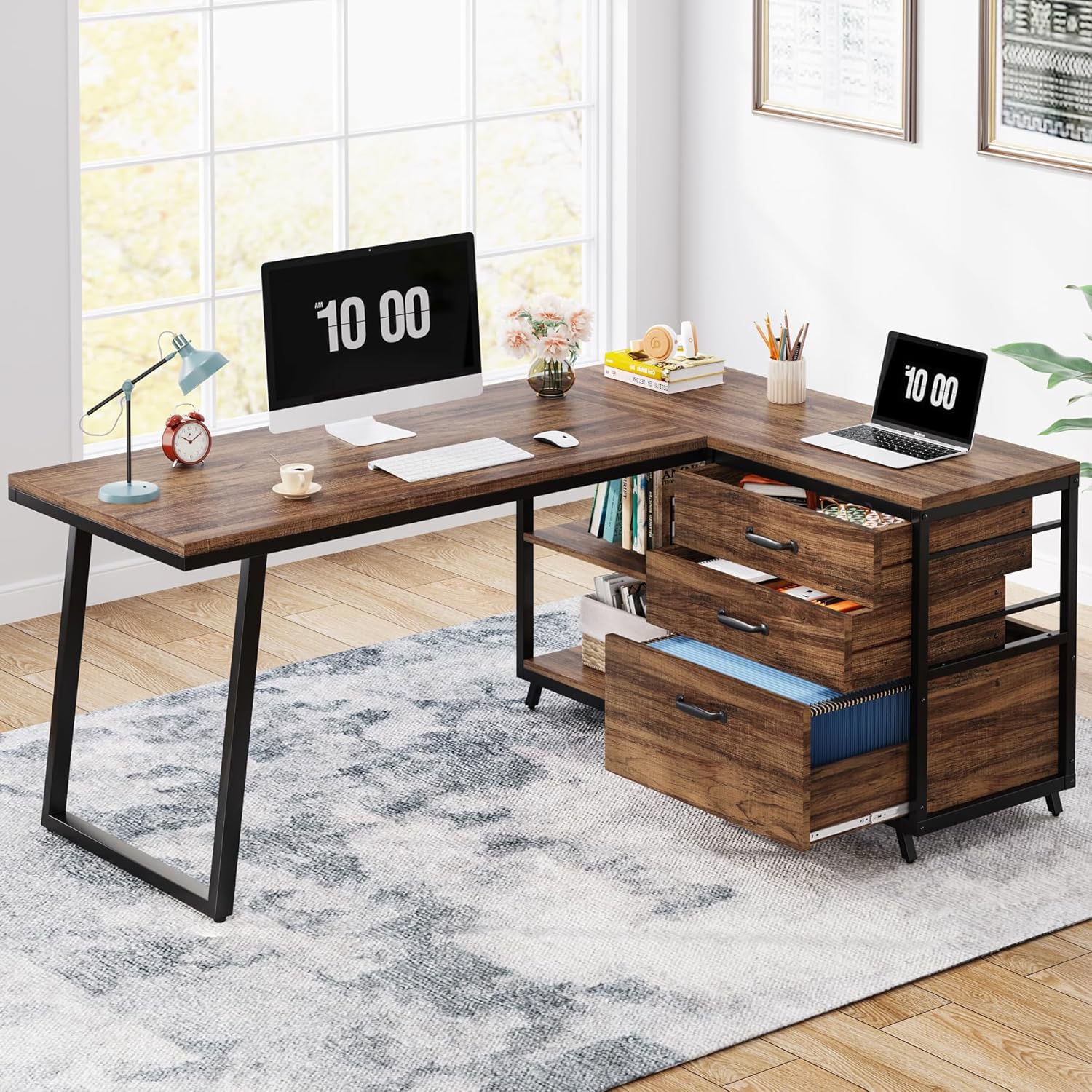 L-Shaped Computer Desk with 3 Drawers, Reversible Corner Home Office Desk with Shelves, 53-Inch Industrial PC Desk Study