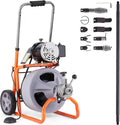 75FT x 3/8" Drain Cleaning Machine, Automatic Feed with Roller Winch, Portable, 8 Cutters & Pneumatic Foot Switch, For 2"-4"