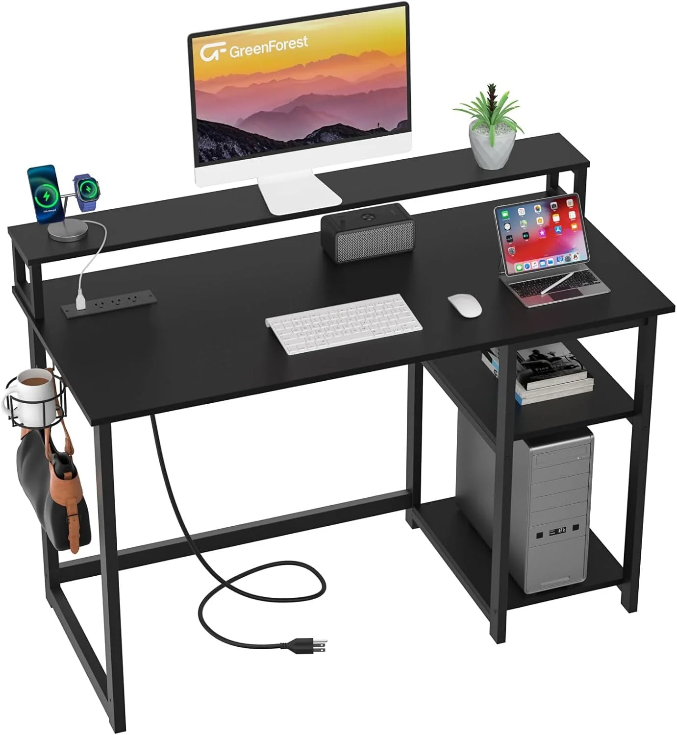 47 inch Computer Desk with Power Outlets, Small Home Office Desk with Ergonomic Monitor Stand, Reversible Gaming Desk, Modern