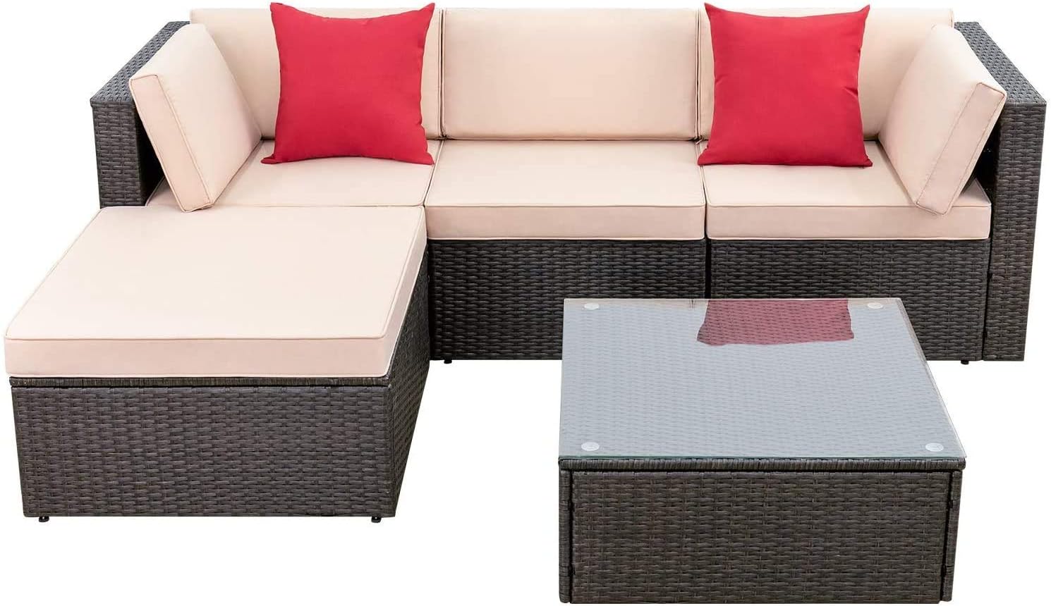 Devoko 5 Pieces Patio Furniture Sets All Weather Outdoor Sectional Patio Sofa Manual Weaving Wicker Rattan Patio Seating