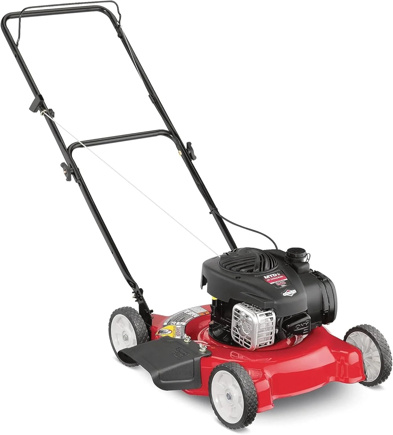 20-inch steel cutting deck, side-discharge gasoline-powered push lawn mower, with engine oil, available in red and black