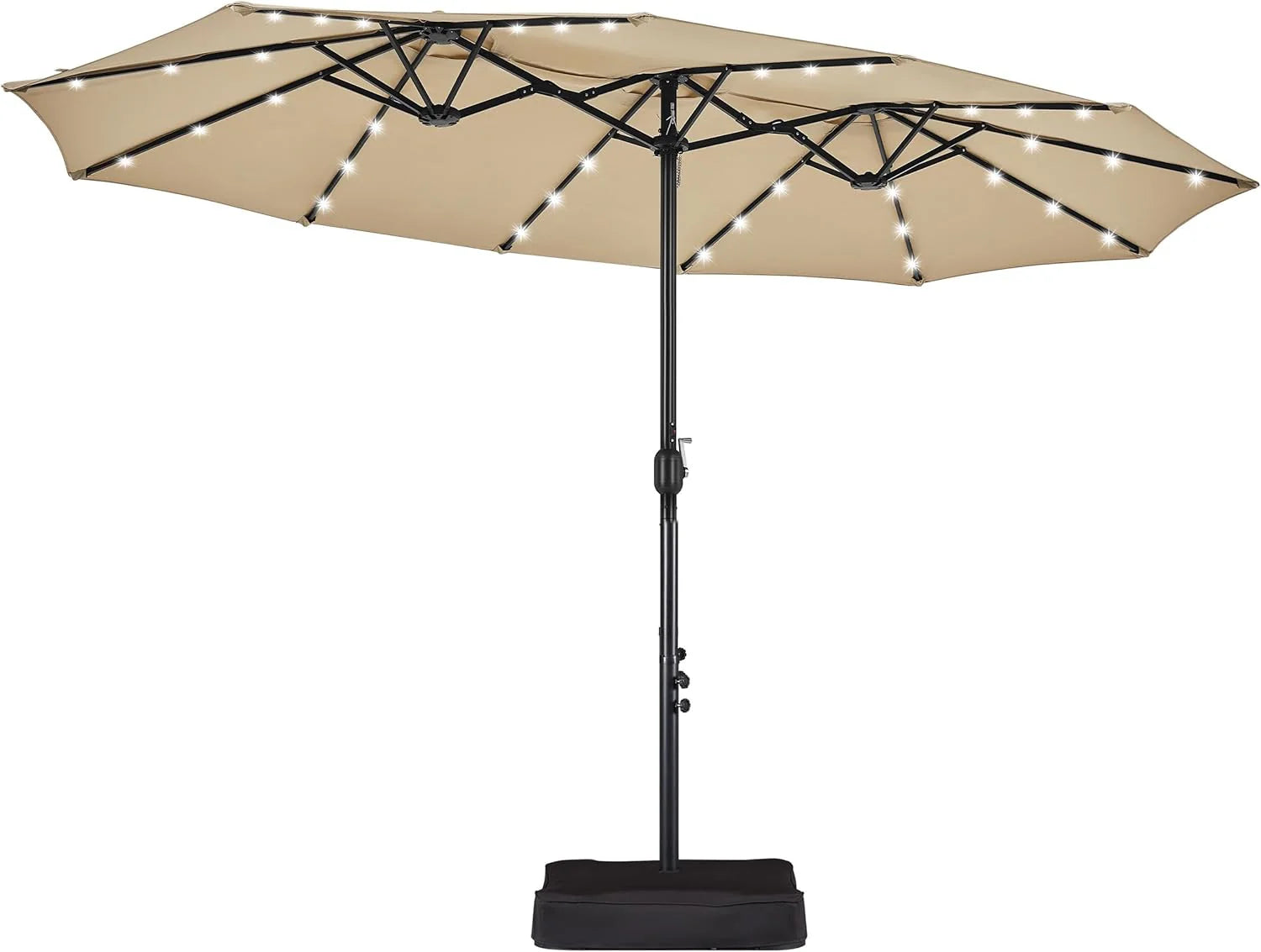 15 ft Large Patio Umbrella with Solar Lights Double-Sided Outdoor Rectangle Market Umbrellas with 36 LED Lights/Base