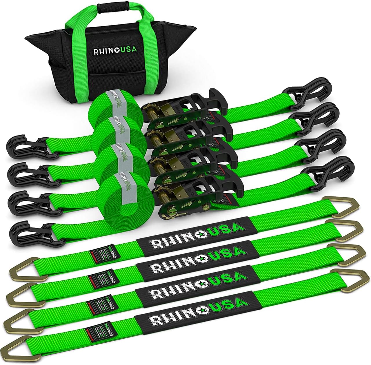 Car Tie Down Straps for Trailers with J Hooks (4-Pack) - 2 Inch x 8 Feet (10,000lb Break Strength) - Heavy Duty T-Handle Car