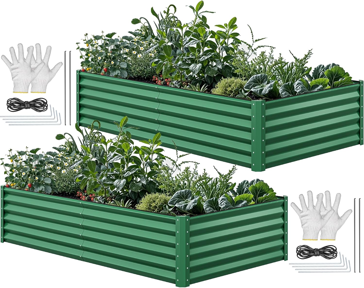 8x4x2ft 2pcs Large Raised Garden Bed Kit, Galvanized Metal Planter Box with Gloves, Ground Nails & Safety Rubber, Outdoor