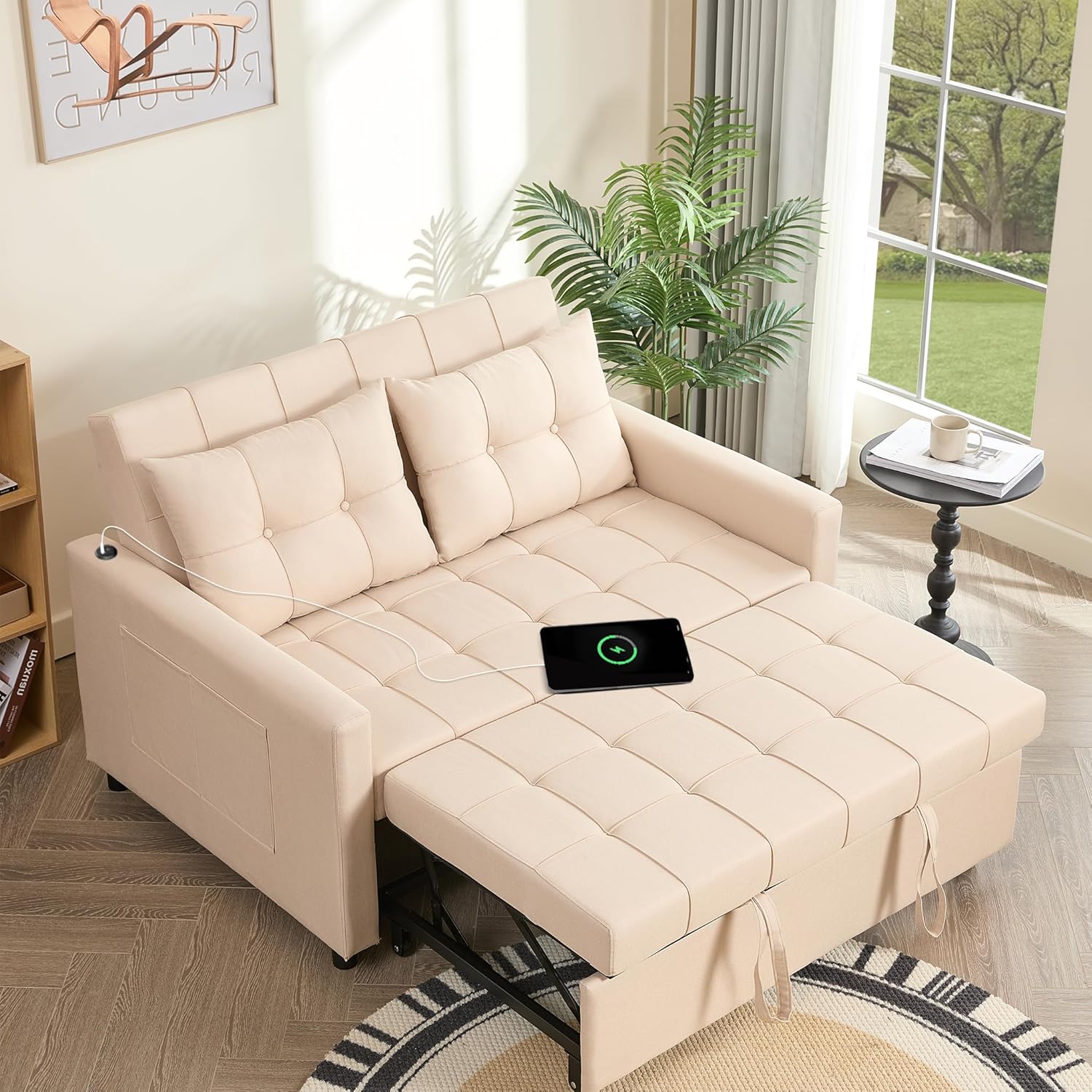 52" Sleeper Sofa with Pull-Out Bed, 3-in-1 Convertible Sofa Bed, Loveseat with Adjustable Backrest and Side Pocket, for