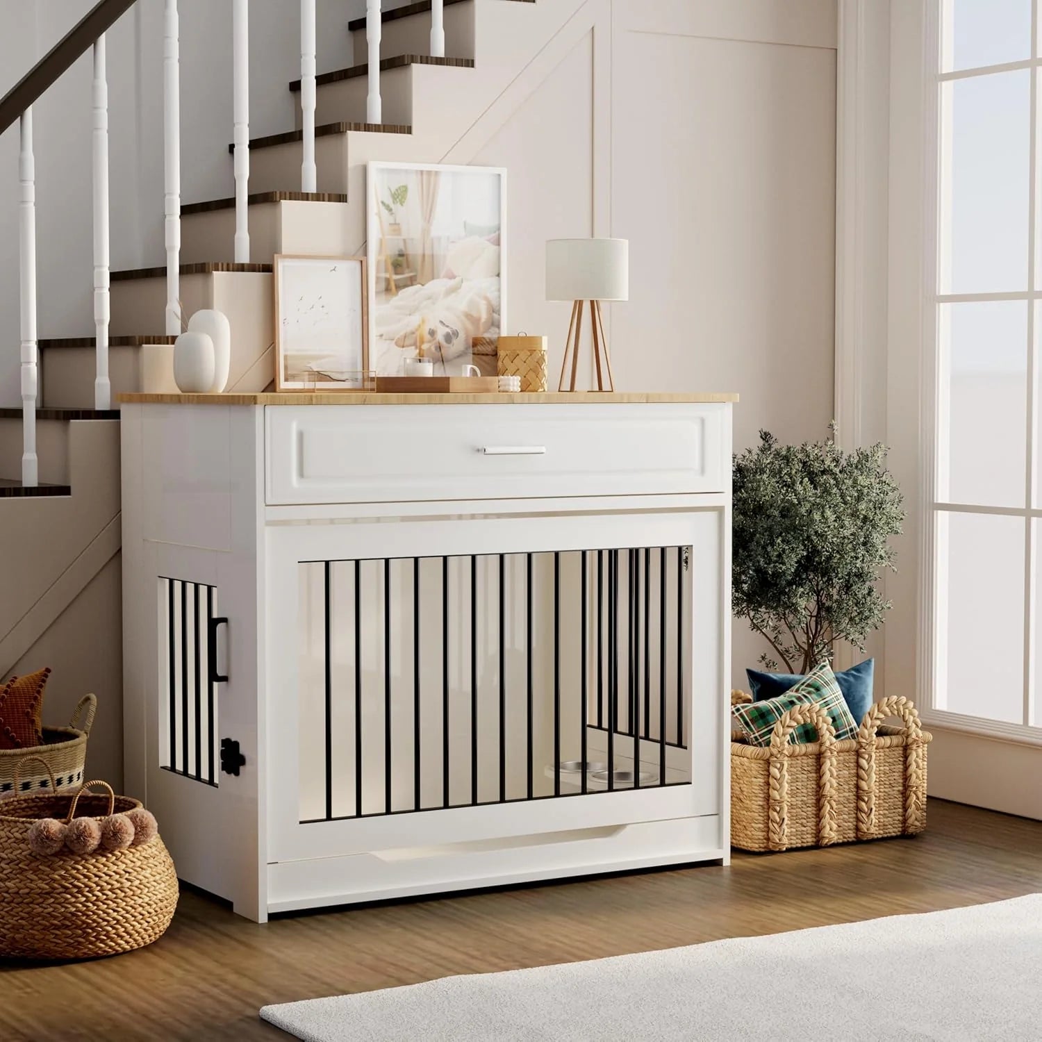 White Wooden Dog Cage Furniture with Rotating Bowl & Drawer For Medium Large Dogs
