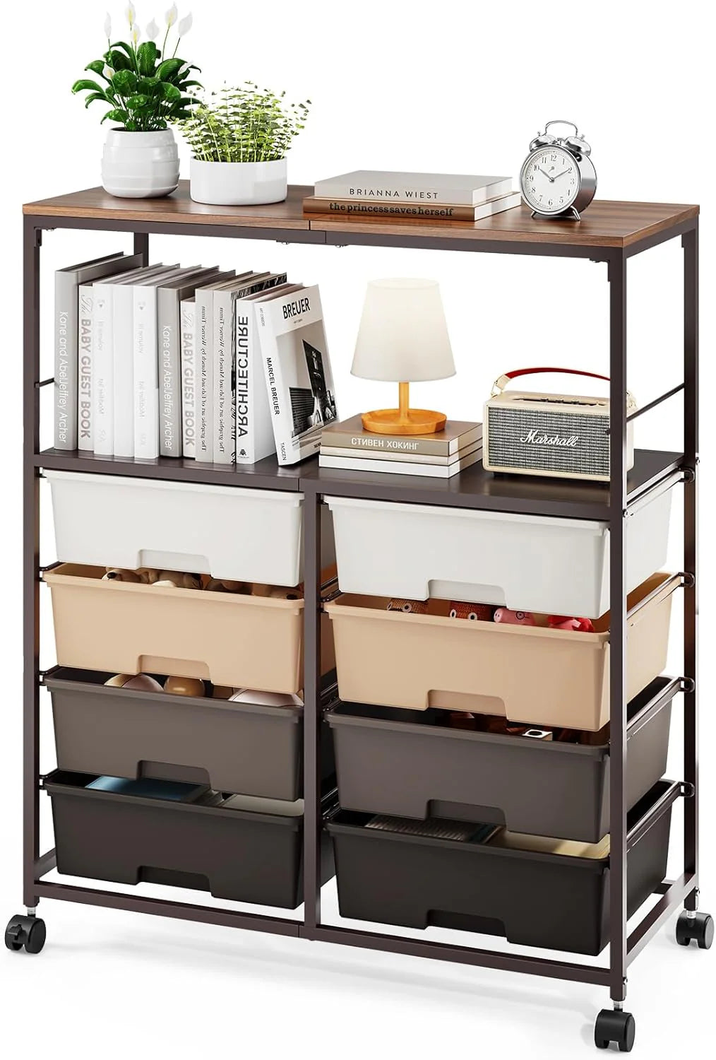 8-Drawer Rolling Storage Cart with Wooden Top & Open Shelves, Multifunctional Utility Cart with Lockable Wheels for Home
