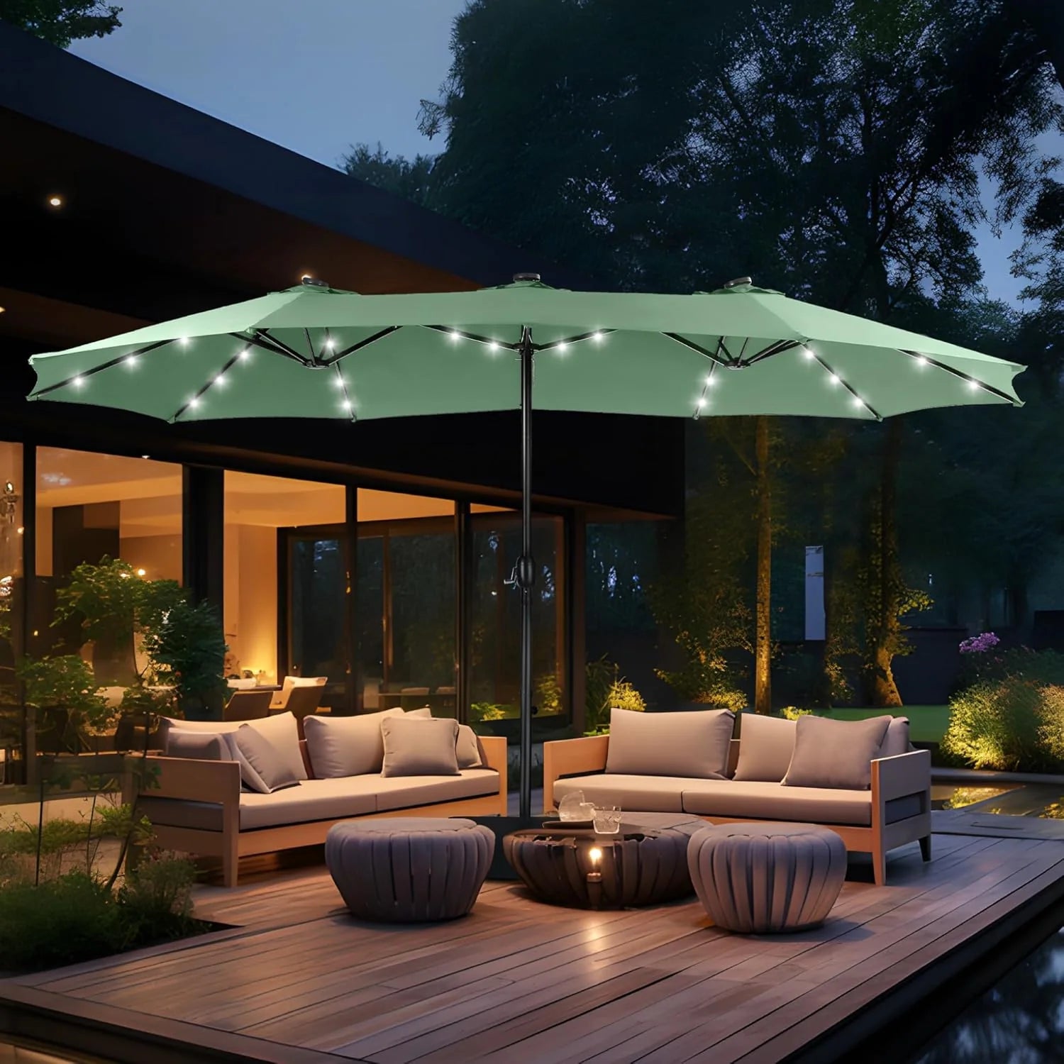 15ft Double Sided Patio Umbrella with Solar Lights, Outdoor Large Umbrellas with Crank Handle and 36 LED Lights, Rectangular