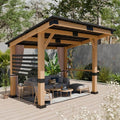 10x12FT] Heavy Duty Premium Outdoor All-Season Wooden Cedar Hardtop Gazebo With Metal Roof & Back Curtains (SAK57184)