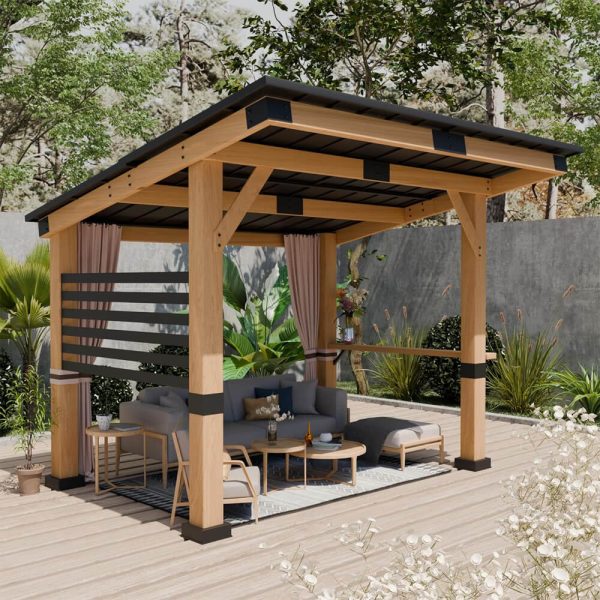 10x12FT] Heavy Duty Premium Outdoor All-Season Wooden Cedar Hardtop Gazebo With Metal Roof & Back Curtains (SAK57184)