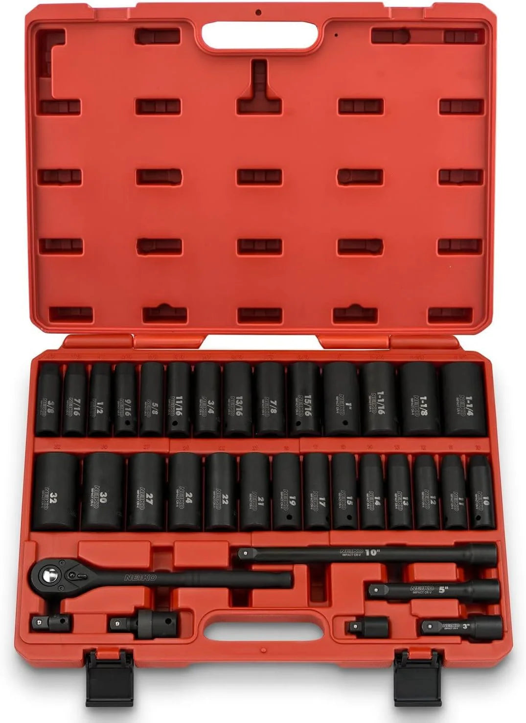 02448A 1/2" Drive Master Impact Socket Set, 65 Piece, Standard SAE (3/8"-1-1/4") & Metric (10-24 mm) Sizes, Deep & Shallow