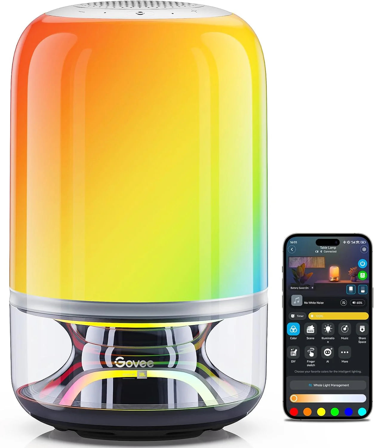 Smart Wireless Desk Lamp with Speaker, Music Sync, 16 Modes, 100 Scenes, Matter Compatible, Rechargeable Bedside Lamp