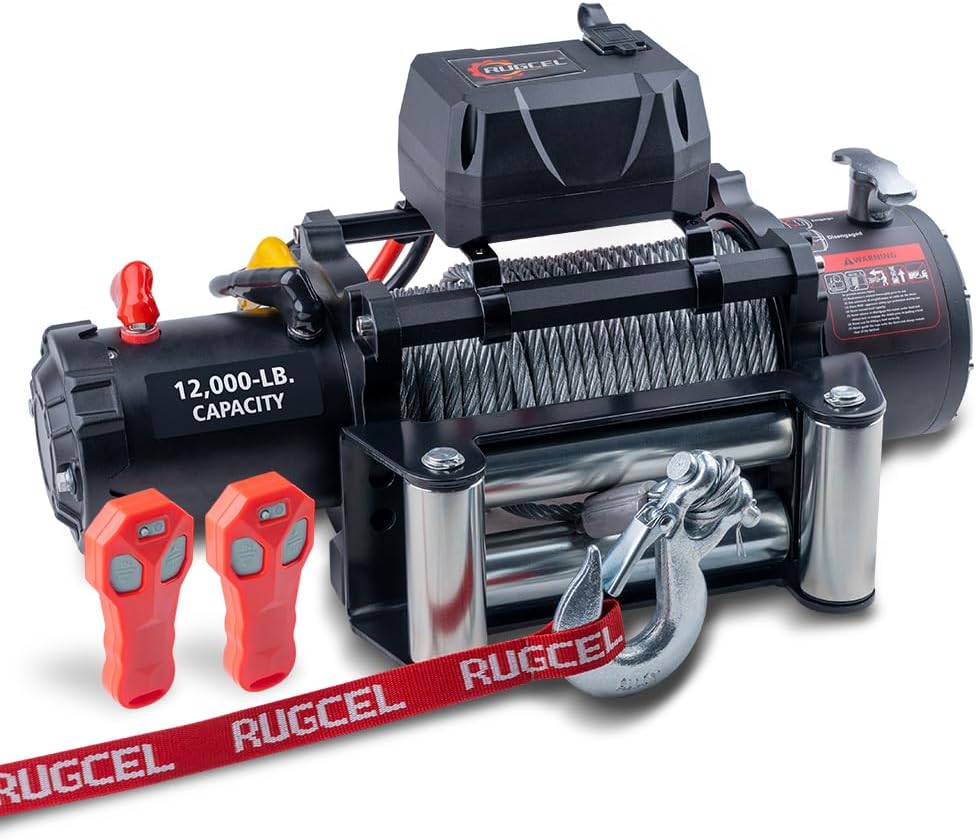 RUGCEL 12000lb 12V Waterproof Electric Winch Steel Rope with Roller Fairlead & Remote