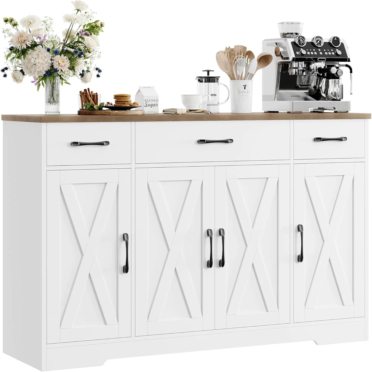 Drawer-equipped buffet-style cabinet, 55-inch large side cabinet-style storage unit with shelves and 4 doors, modern