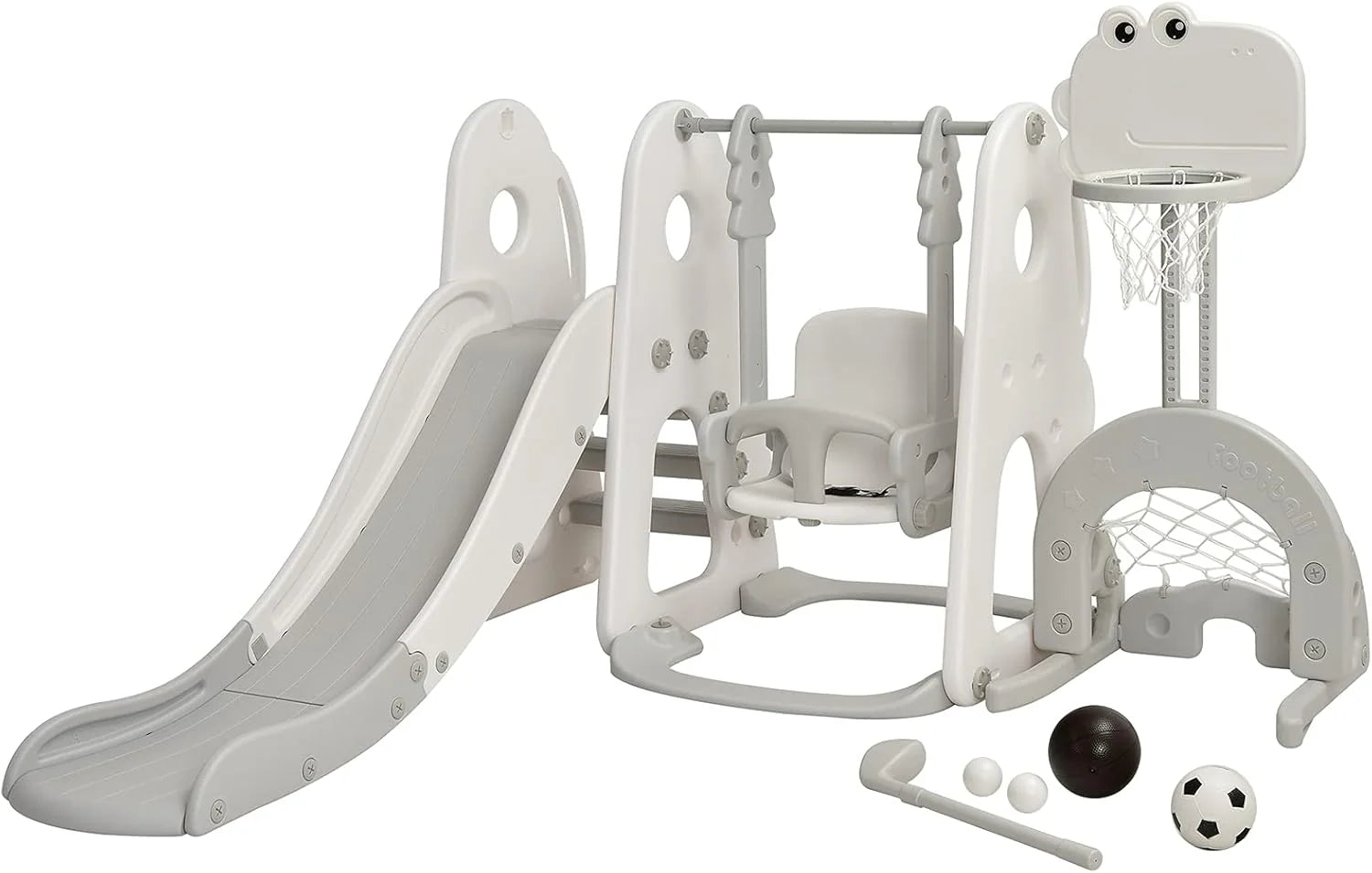 6-in-1 Kids Swing & Slide Set with Climbing Wall, Basketball Hoop, Football & Golf, Indoor/Outdoor Backyard Playground for