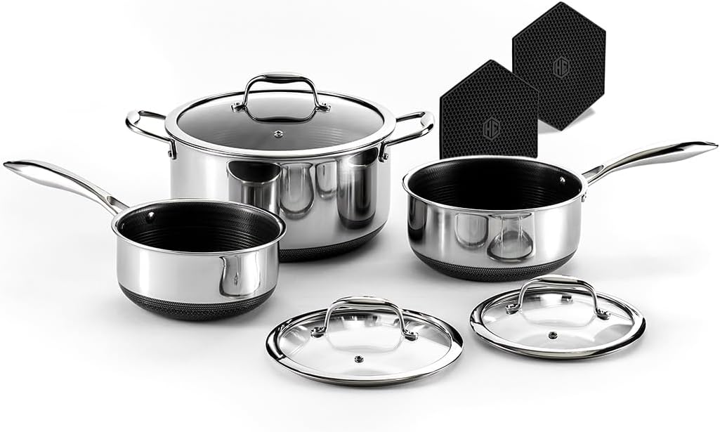 HexClad Hybrid Nonstick 6-Piece Pot Set with 2 Silicone Trivets, 2, 3, and 8-Quart Pots with Tempered Glass Lids, Stay-Cool