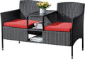 Flamaker Outdoor Furniture Patio Loveseat Wicker 2-Seat with Built-in Table and Cushions Rattan Porch Chairs Bench for